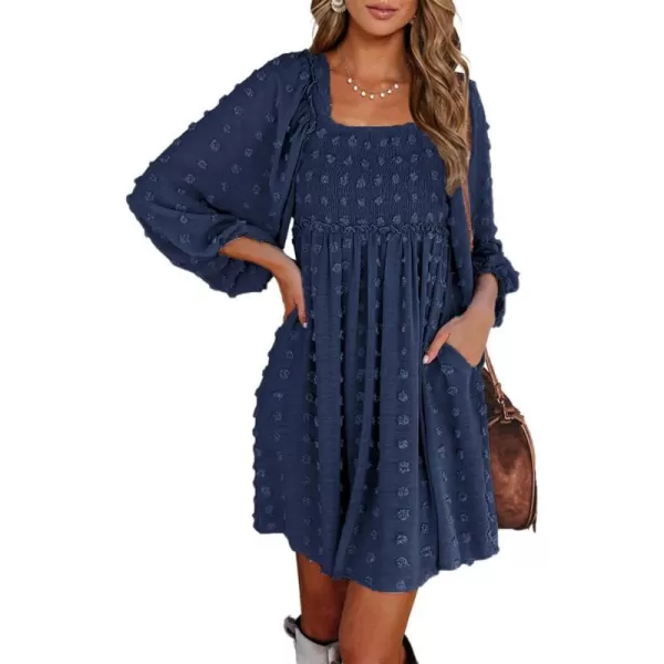 imageBTFBM Women Square Neck Smocked Summer Fall Dresses 2023 Long Sleeve Floral Swiss Dot Ruffle Party Mini Babydoll DressSwiss Dot Navy