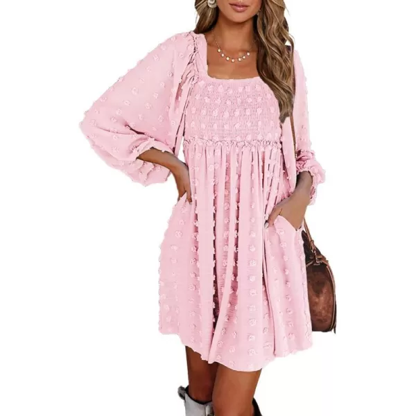 imageBTFBM Women Square Neck Smocked Summer Fall Dresses 2023 Long Sleeve Floral Swiss Dot Ruffle Party Mini Babydoll DressSwiss Dot Pink