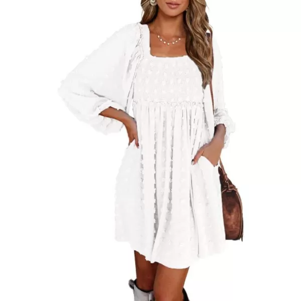 imageBTFBM Women Square Neck Smocked Summer Fall Dresses 2023 Long Sleeve Floral Swiss Dot Ruffle Party Mini Babydoll DressSwiss Dot White