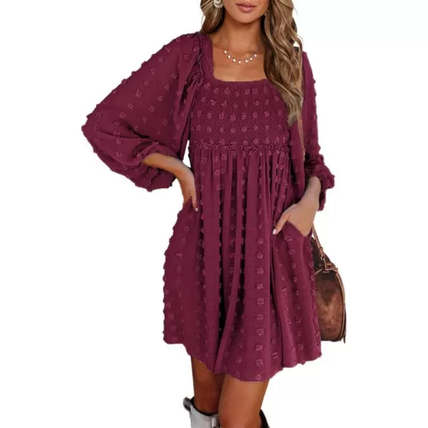 imageBTFBM Women Square Neck Smocked Summer Fall Dresses 2023 Long Sleeve Floral Swiss Dot Ruffle Party Mini Babydoll DressSwiss Dot Wine Red