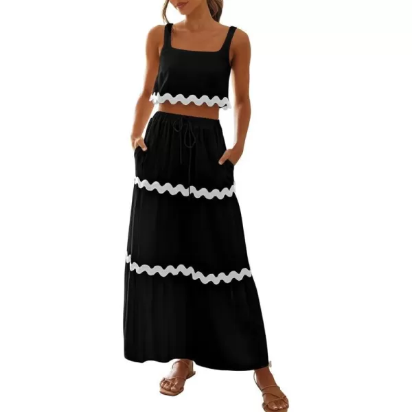 imageBTFBM Women Summer 2 Piece Beach Vacation Outfits Casual Sleeveless Crop Tops High Waisted Maxi Skirt Sets With PocketBlack