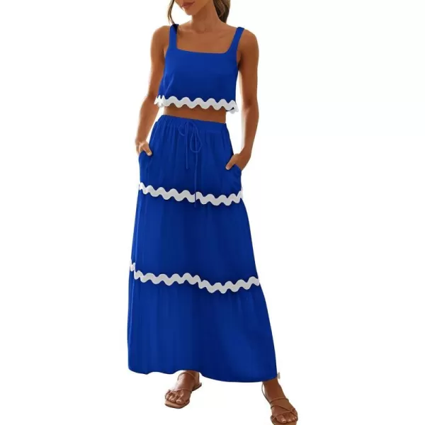 imageBTFBM Women Summer 2 Piece Beach Vacation Outfits Casual Sleeveless Crop Tops High Waisted Maxi Skirt Sets With PocketBlue