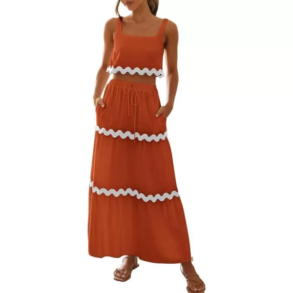 imageBTFBM Women Summer 2 Piece Beach Vacation Outfits Casual Sleeveless Crop Tops High Waisted Maxi Skirt Sets With PocketBrick Red