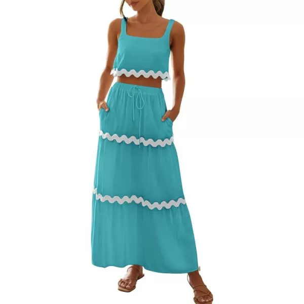 imageBTFBM Women Summer 2 Piece Beach Vacation Outfits Casual Sleeveless Crop Tops High Waisted Maxi Skirt Sets With PocketLake Blue