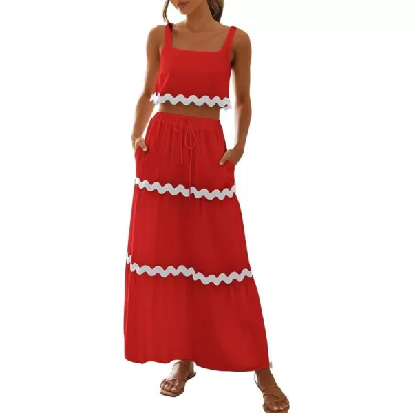 imageBTFBM Women Summer 2 Piece Beach Vacation Outfits Casual Sleeveless Crop Tops High Waisted Maxi Skirt Sets With PocketRed