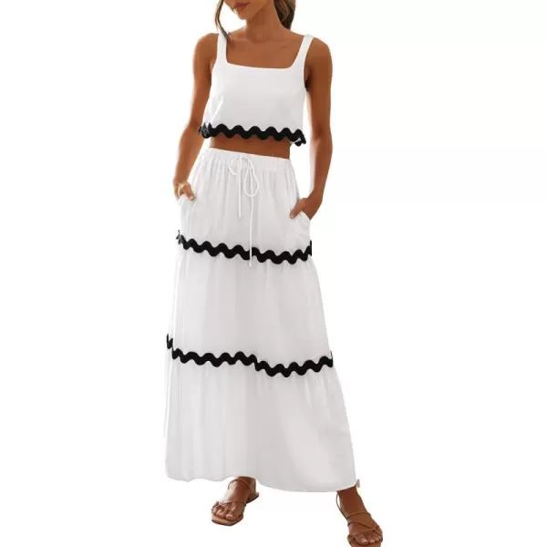 imageBTFBM Women Summer 2 Piece Beach Vacation Outfits Casual Sleeveless Crop Tops High Waisted Maxi Skirt Sets With PocketWhite