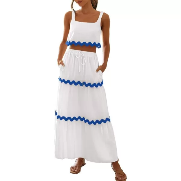imageBTFBM Women Summer 2 Piece Beach Vacation Outfits Casual Sleeveless Crop Tops High Waisted Maxi Skirt Sets With PocketWhite Striped Blue