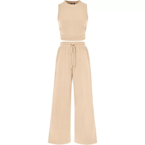 imageBTFBM Women Summer 2 Piece Outfits Ribbed Knit Crew Neck Sleeveless Cropped Top Elastic Waist Wide Leg Pants Lounge SetSolid Apricot
