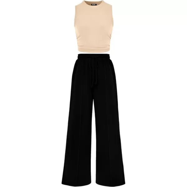 imageBTFBM Women Summer 2 Piece Outfits Ribbed Knit Crew Neck Sleeveless Cropped Top Elastic Waist Wide Leg Pants Lounge SetSolid Apricot Black
