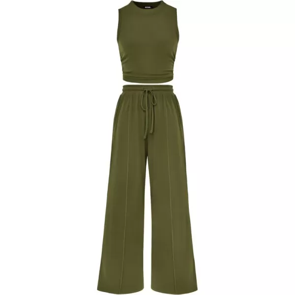 imageBTFBM Women Summer 2 Piece Outfits Ribbed Knit Crew Neck Sleeveless Cropped Top Elastic Waist Wide Leg Pants Lounge SetSolid Army Green