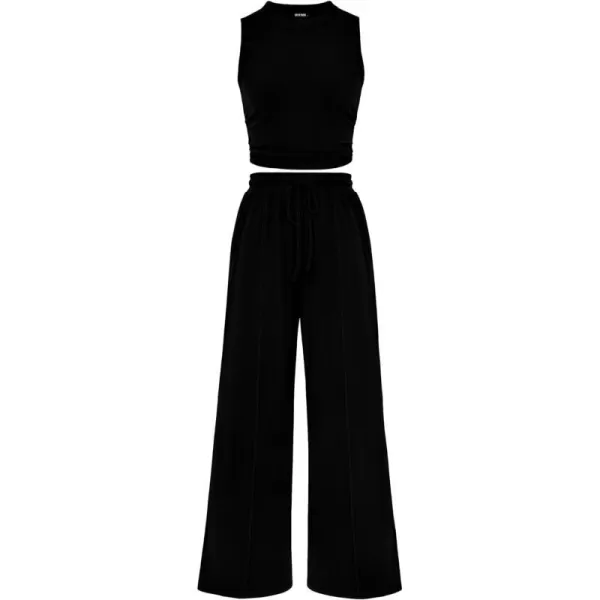 imageBTFBM Women Summer 2 Piece Outfits Ribbed Knit Crew Neck Sleeveless Cropped Top Elastic Waist Wide Leg Pants Lounge SetSolid Black