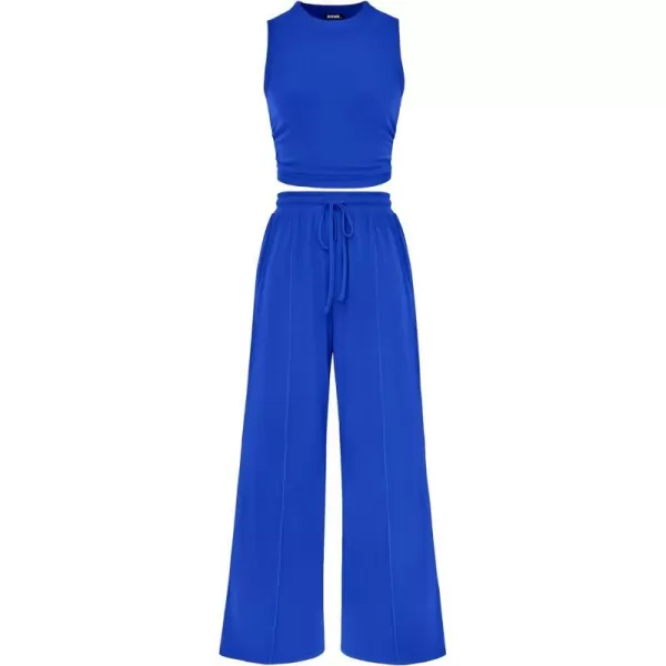 imageBTFBM Women Summer 2 Piece Outfits Ribbed Knit Crew Neck Sleeveless Cropped Top Elastic Waist Wide Leg Pants Lounge SetSolid Blue