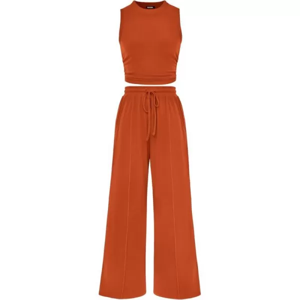 imageBTFBM Women Summer 2 Piece Outfits Ribbed Knit Crew Neck Sleeveless Cropped Top Elastic Waist Wide Leg Pants Lounge SetSolid Brick Red