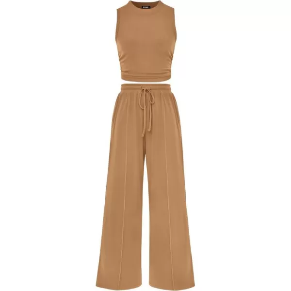 imageBTFBM Women Summer 2 Piece Outfits Ribbed Knit Crew Neck Sleeveless Cropped Top Elastic Waist Wide Leg Pants Lounge SetSolid Camel
