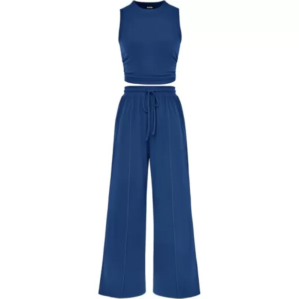 imageBTFBM Women Summer 2 Piece Outfits Ribbed Knit Crew Neck Sleeveless Cropped Top Elastic Waist Wide Leg Pants Lounge SetSolid Dark Blue