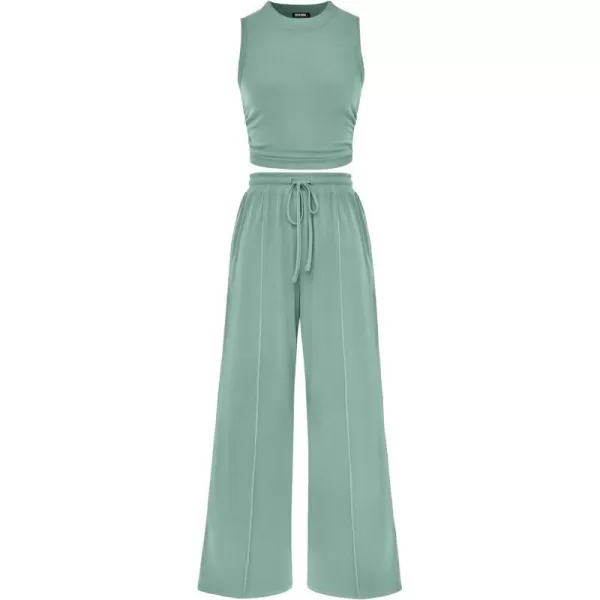 imageBTFBM Women Summer 2 Piece Outfits Ribbed Knit Crew Neck Sleeveless Cropped Top Elastic Waist Wide Leg Pants Lounge SetSolid Fruit Green