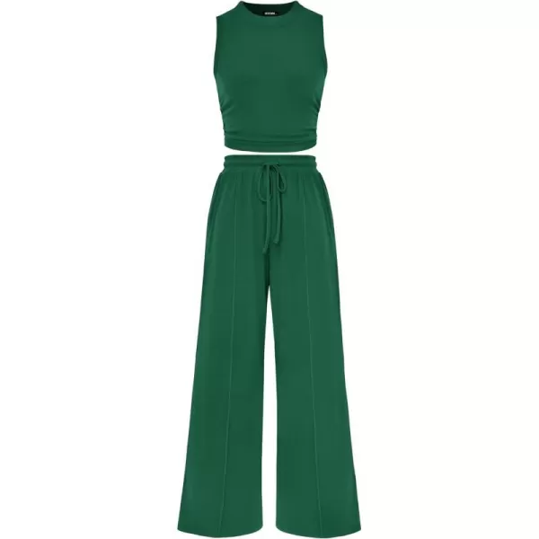 imageBTFBM Women Summer 2 Piece Outfits Ribbed Knit Crew Neck Sleeveless Cropped Top Elastic Waist Wide Leg Pants Lounge SetSolid Green