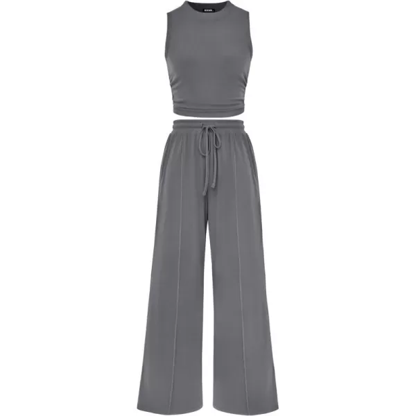 imageBTFBM Women Summer 2 Piece Outfits Ribbed Knit Crew Neck Sleeveless Cropped Top Elastic Waist Wide Leg Pants Lounge SetSolid Grey