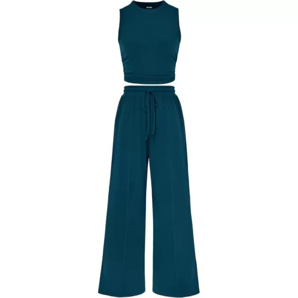 imageBTFBM Women Summer 2 Piece Outfits Ribbed Knit Crew Neck Sleeveless Cropped Top Elastic Waist Wide Leg Pants Lounge SetSolid Lake Blue