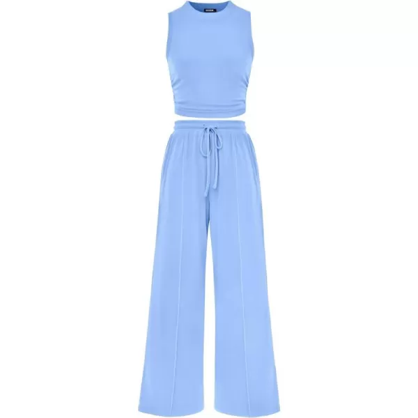 imageBTFBM Women Summer 2 Piece Outfits Ribbed Knit Crew Neck Sleeveless Cropped Top Elastic Waist Wide Leg Pants Lounge SetSolid Light Blue