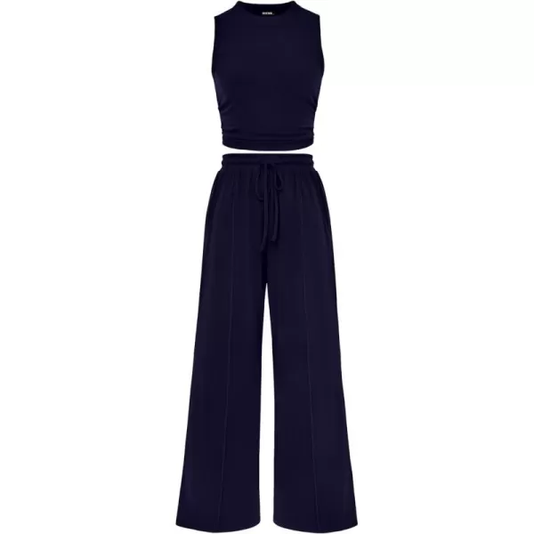 imageBTFBM Women Summer 2 Piece Outfits Ribbed Knit Crew Neck Sleeveless Cropped Top Elastic Waist Wide Leg Pants Lounge SetSolid Navy