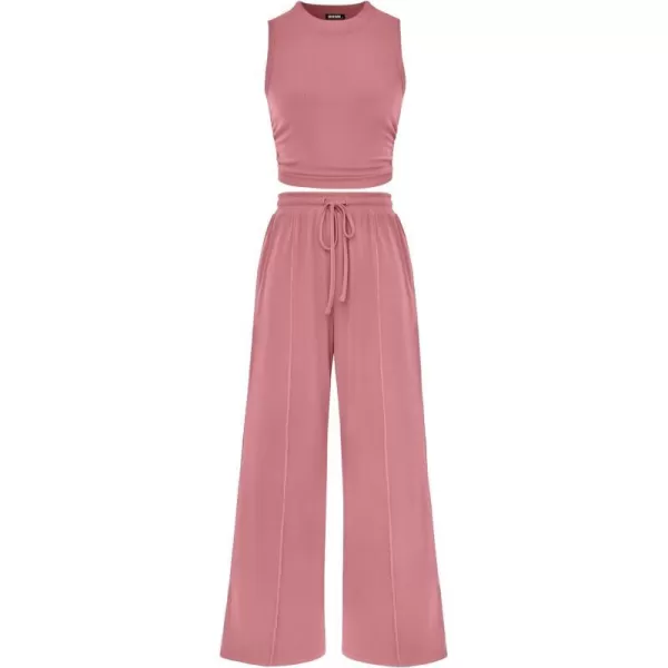 imageBTFBM Women Summer 2 Piece Outfits Ribbed Knit Crew Neck Sleeveless Cropped Top Elastic Waist Wide Leg Pants Lounge SetSolid Pink