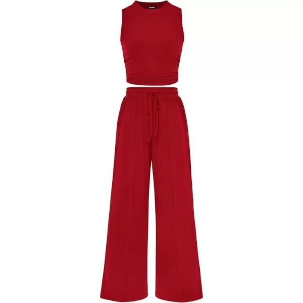 imageBTFBM Women Summer 2 Piece Outfits Ribbed Knit Crew Neck Sleeveless Cropped Top Elastic Waist Wide Leg Pants Lounge SetSolid Red