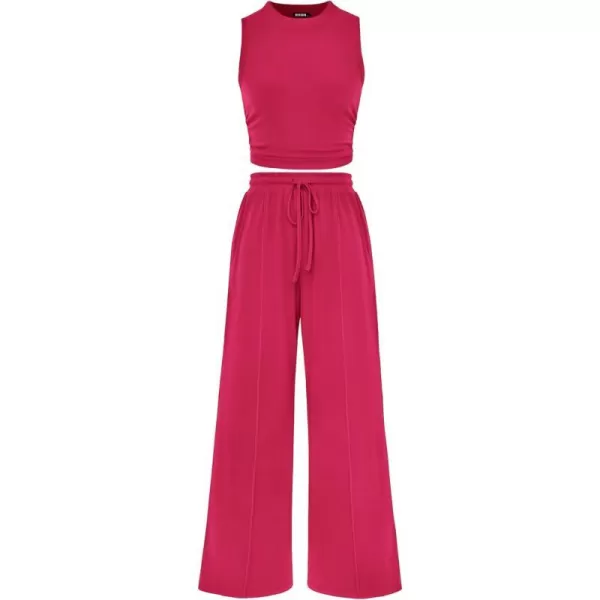 imageBTFBM Women Summer 2 Piece Outfits Ribbed Knit Crew Neck Sleeveless Cropped Top Elastic Waist Wide Leg Pants Lounge SetSolid Rose Red