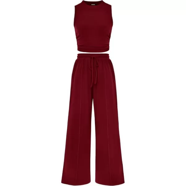 imageBTFBM Women Summer 2 Piece Outfits Ribbed Knit Crew Neck Sleeveless Cropped Top Elastic Waist Wide Leg Pants Lounge SetSolid Wine Red
