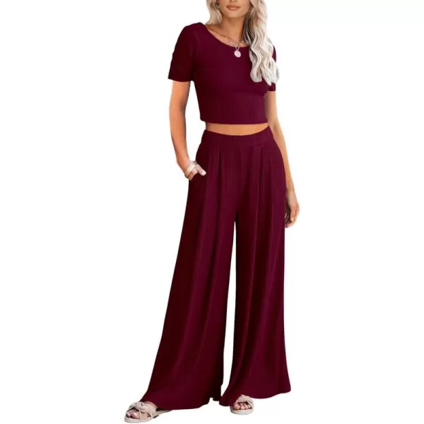 imageBTFBM Women Summer 2023 Two Piece Casual Outfits Lounge Set Ribbed Knit Bodycon Crop Top Long Pants Tracksuits SweatsuitShort Wine Red