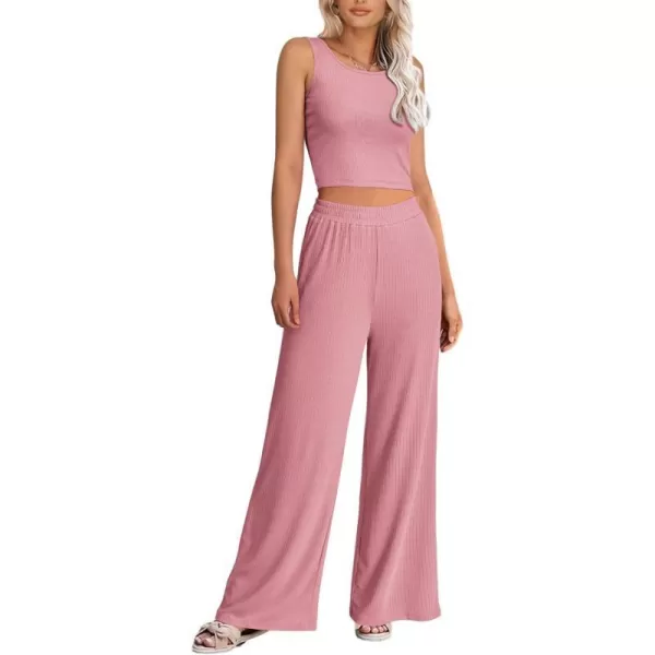 imageBTFBM Women Summer 2023 Two Piece Casual Outfits Lounge Set Ribbed Knit Bodycon Crop Top Long Pants Tracksuits SweatsuitSleeveless Pink