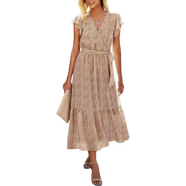 imageBTFBM Women Summer Bohemian Floral Casual Wrap V Neck Ruffle Cap Sleeveless Belt ALine Pleated Hem Swing Midi Sun DressCoffeeWhiteBrown