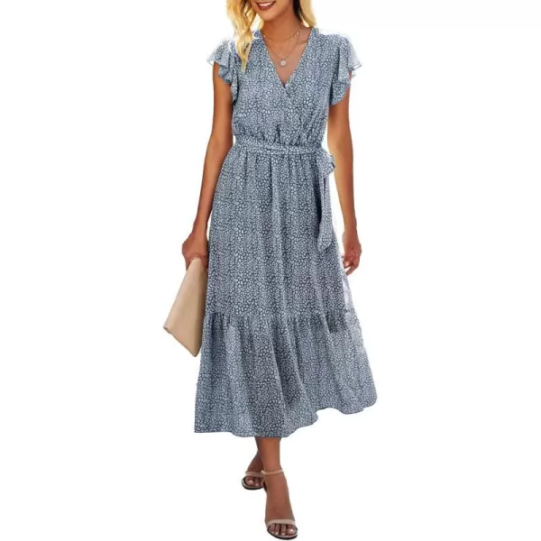 imageBTFBM Women Summer Bohemian Floral Casual Wrap V Neck Ruffle Cap Sleeveless Belt ALine Pleated Hem Swing Midi Sun DressDark Blue