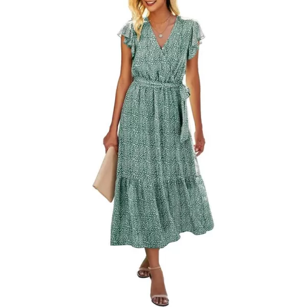 imageBTFBM Women Summer Bohemian Floral Casual Wrap V Neck Ruffle Cap Sleeveless Belt ALine Pleated Hem Swing Midi Sun DressDark Green