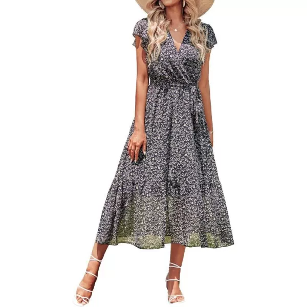 imageBTFBM Women Summer Bohemian Floral Casual Wrap V Neck Ruffle Cap Sleeveless Belt ALine Pleated Hem Swing Midi Sun DressFloral Black