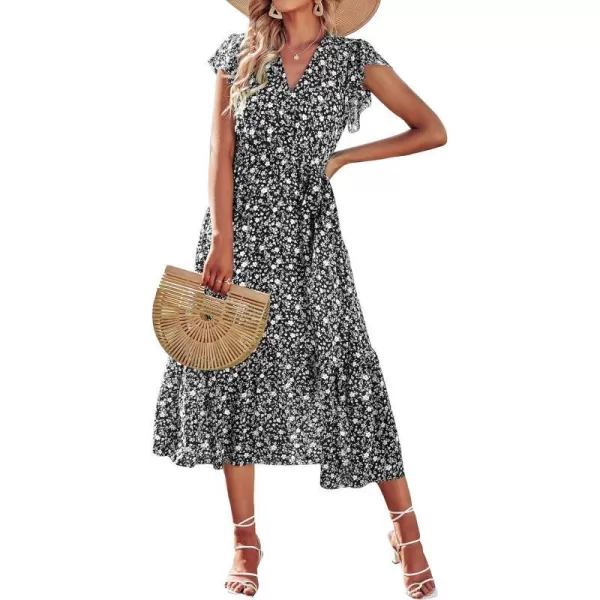imageBTFBM Women Summer Bohemian Floral Casual Wrap V Neck Ruffle Cap Sleeveless Belt ALine Pleated Hem Swing Midi Sun DressFloral White Black