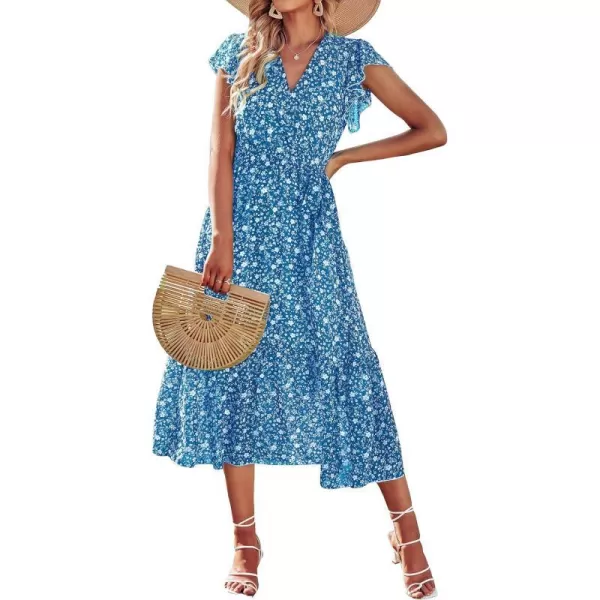imageBTFBM Women Summer Bohemian Floral Casual Wrap V Neck Ruffle Cap Sleeveless Belt ALine Pleated Hem Swing Midi Sun DressFloral White Blue