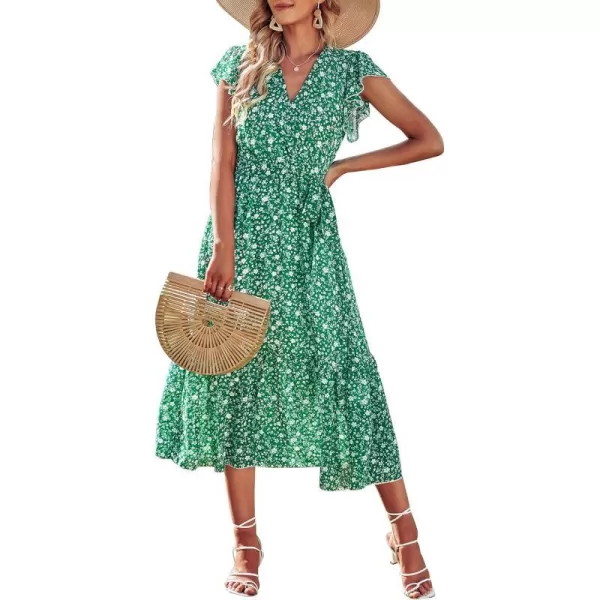 imageBTFBM Women Summer Bohemian Floral Casual Wrap V Neck Ruffle Cap Sleeveless Belt ALine Pleated Hem Swing Midi Sun DressFloral White Green