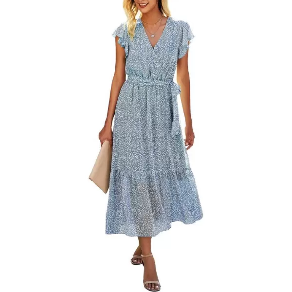 imageBTFBM Women Summer Bohemian Floral Casual Wrap V Neck Ruffle Cap Sleeveless Belt ALine Pleated Hem Swing Midi Sun DressLight Blue