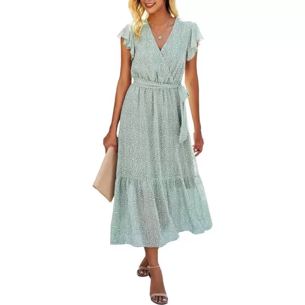 imageBTFBM Women Summer Bohemian Floral Casual Wrap V Neck Ruffle Cap Sleeveless Belt ALine Pleated Hem Swing Midi Sun DressLight Green