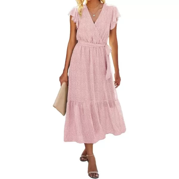 imageBTFBM Women Summer Bohemian Floral Casual Wrap V Neck Ruffle Cap Sleeveless Belt ALine Pleated Hem Swing Midi Sun DressPink