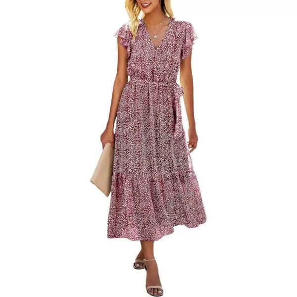 imageBTFBM Women Summer Bohemian Floral Casual Wrap V Neck Ruffle Cap Sleeveless Belt ALine Pleated Hem Swing Midi Sun DressRed