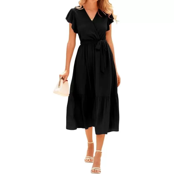 imageBTFBM Women Summer Bohemian Floral Casual Wrap V Neck Ruffle Cap Sleeveless Belt ALine Pleated Hem Swing Midi Sun DressSolid Black