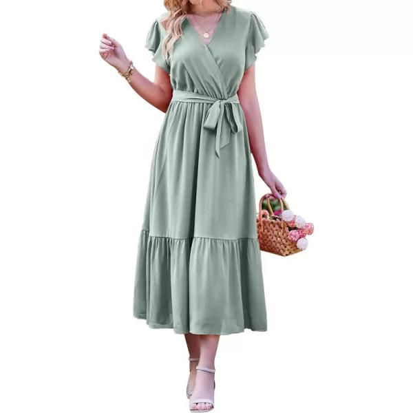 imageBTFBM Women Summer Bohemian Floral Casual Wrap V Neck Ruffle Cap Sleeveless Belt ALine Pleated Hem Swing Midi Sun DressSolid Green
