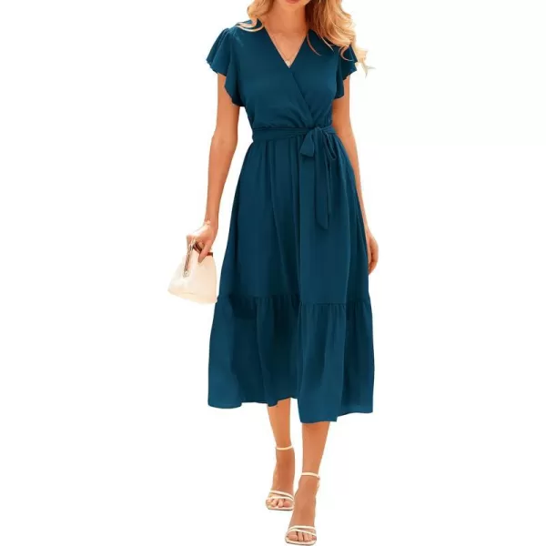 imageBTFBM Women Summer Bohemian Floral Casual Wrap V Neck Ruffle Cap Sleeveless Belt ALine Pleated Hem Swing Midi Sun DressSolid Lake Blue