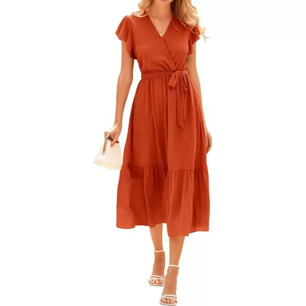 imageBTFBM Women Summer Bohemian Floral Casual Wrap V Neck Ruffle Cap Sleeveless Belt ALine Pleated Hem Swing Midi Sun DressSolid Orange Red