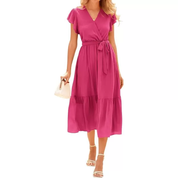 imageBTFBM Women Summer Bohemian Floral Casual Wrap V Neck Ruffle Cap Sleeveless Belt ALine Pleated Hem Swing Midi Sun DressSolid Rose Red