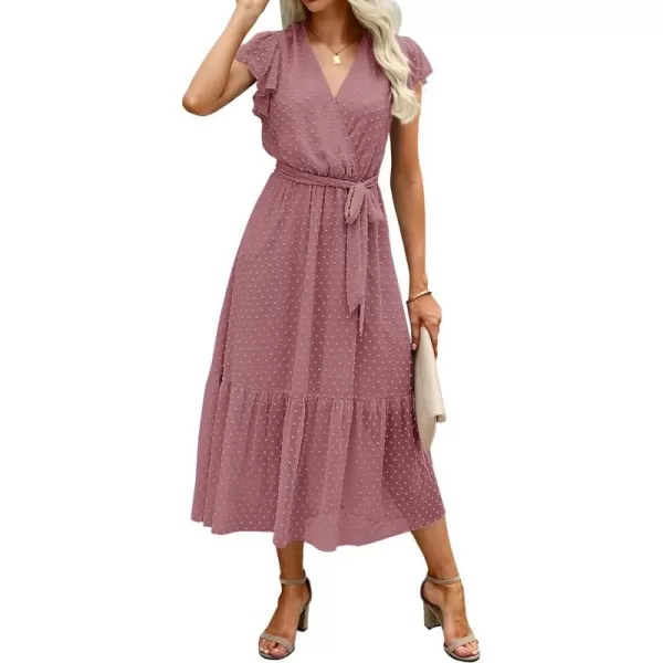 imageBTFBM Women Summer Bohemian Floral Casual Wrap V Neck Ruffle Cap Sleeveless Belt ALine Pleated Hem Swing Midi Sun DressSwiss Dot Bean Paste Red