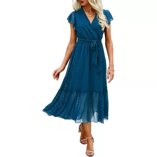 imageBTFBM Women Summer Bohemian Floral Casual Wrap V Neck Ruffle Cap Sleeveless Belt ALine Pleated Hem Swing Midi Sun DressSwiss Dot Lake Blue