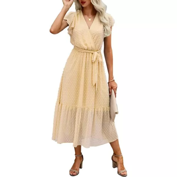 imageBTFBM Women Summer Bohemian Floral Casual Wrap V Neck Ruffle Cap Sleeveless Belt ALine Pleated Hem Swing Midi Sun DressSwiss Dot Light Yellow